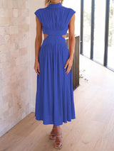 Breezy High Neck Cap Sleeve Summer Resort Ruched Cutout Maxi Dress
