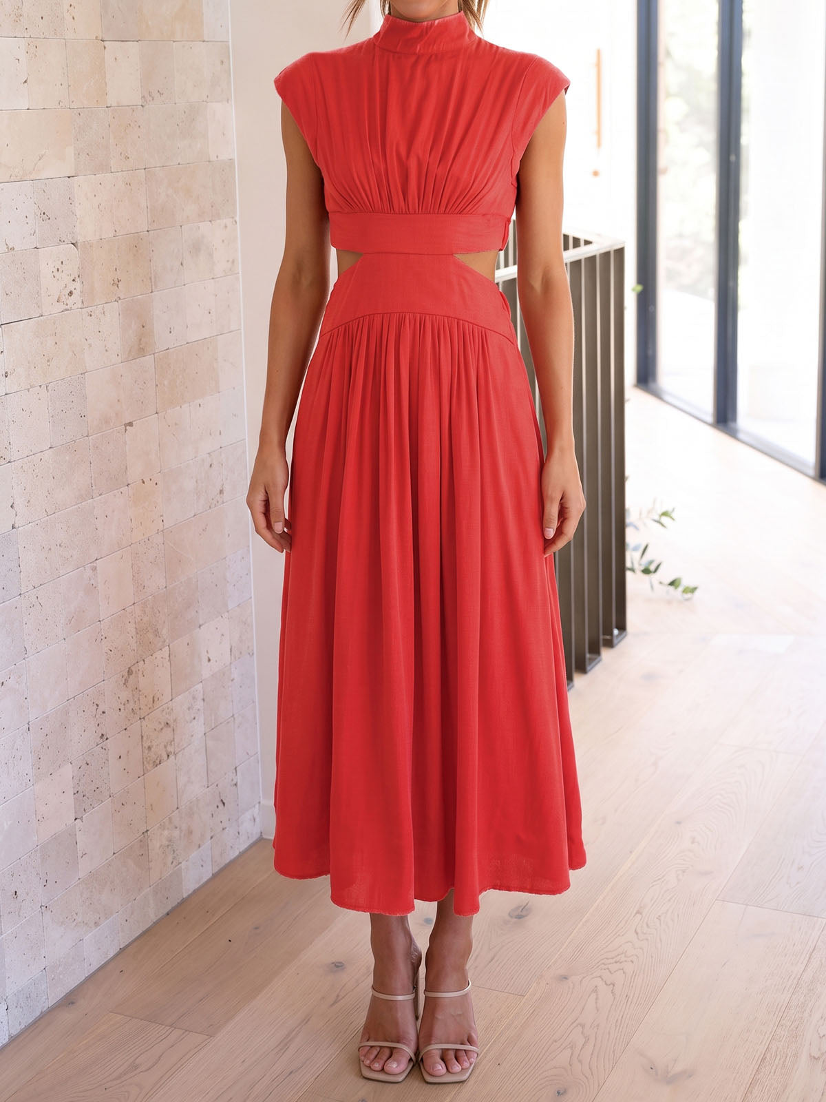 Breezy High Neck Cap Sleeve Summer Resort Ruched Cutout Maxi Dress