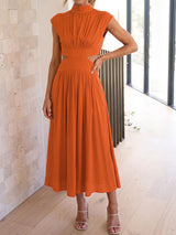 Breezy High Neck Cap Sleeve Summer Resort Ruched Cutout Maxi Dress