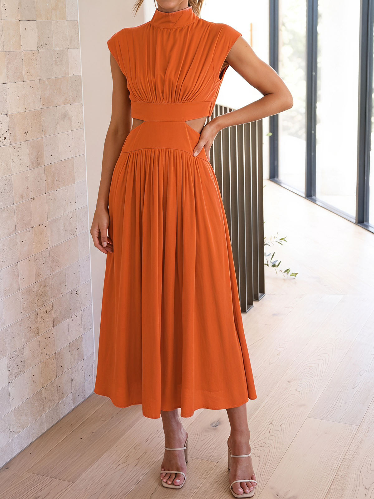Breezy High Neck Cap Sleeve Summer Resort Ruched Cutout Maxi Dress