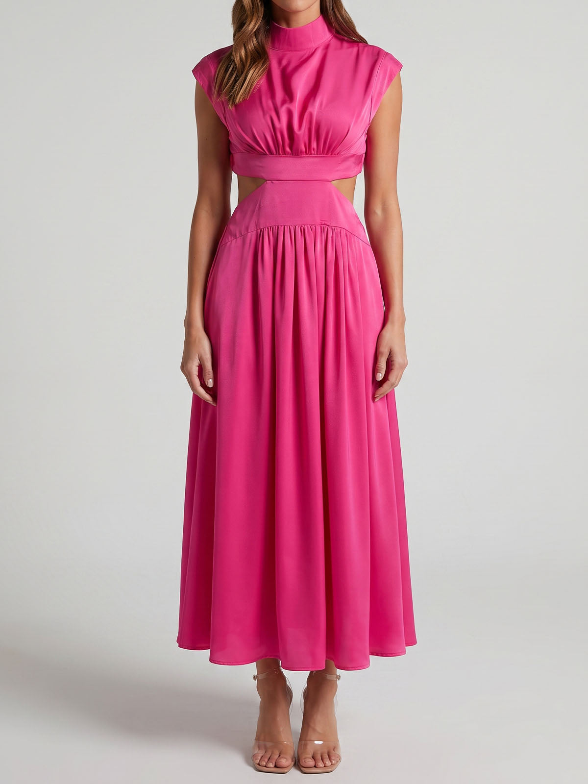Breezy High Neck Cap Sleeve Summer Resort Ruched Cutout Maxi Dress