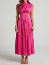 Breezy High Neck Cap Sleeve Summer Resort Ruched Cutout Maxi Dress