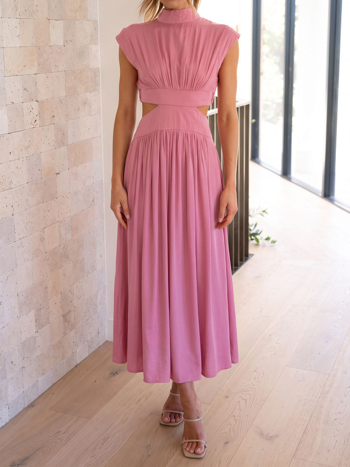 Breezy High Neck Cap Sleeve Summer Resort Ruched Cutout Maxi Dress