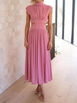 Breezy High Neck Cap Sleeve Summer Resort Ruched Cutout Maxi Dress