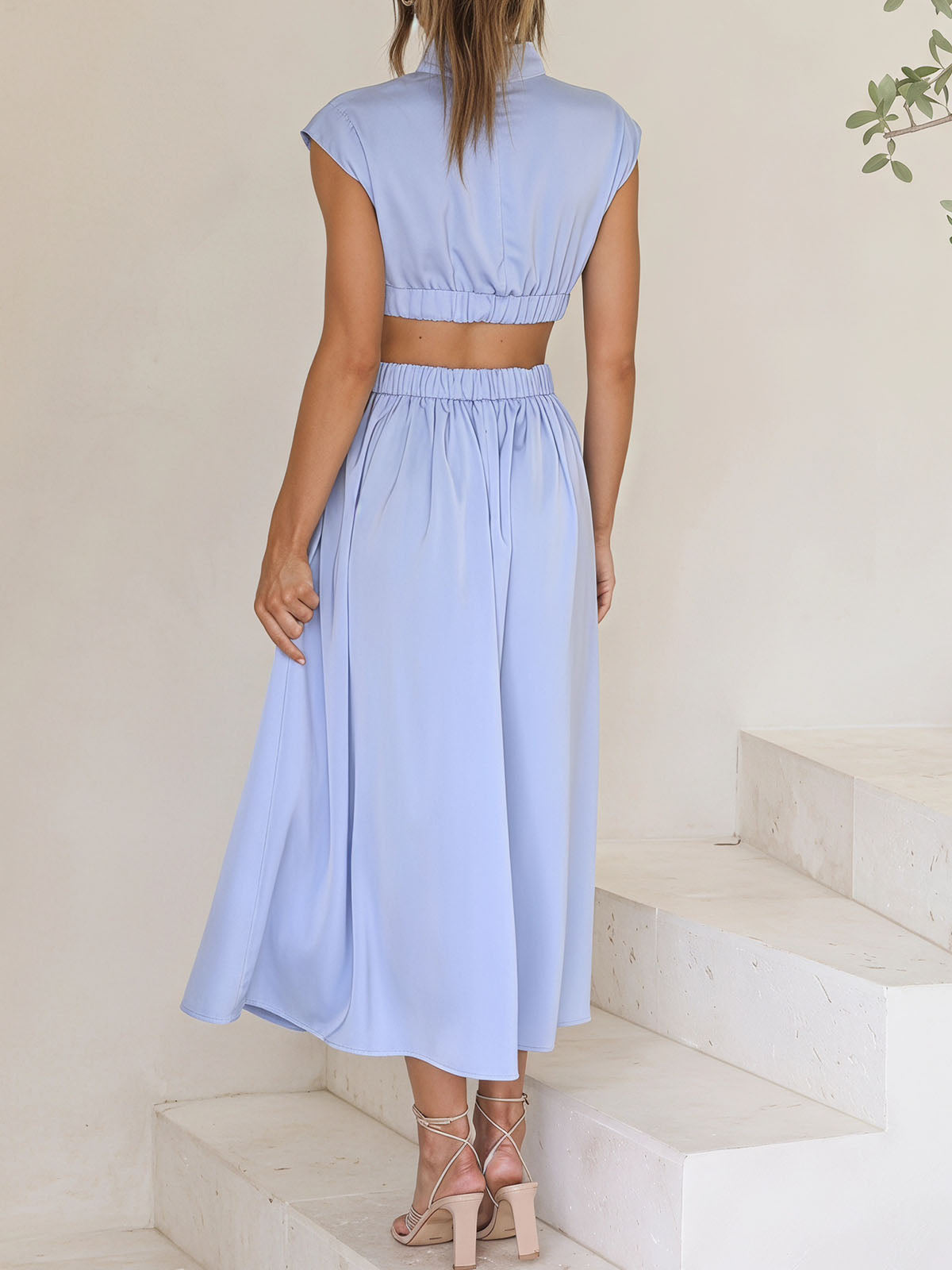 Breezy High Neck Cap Sleeve Summer Resort Ruched Cutout Maxi Dress