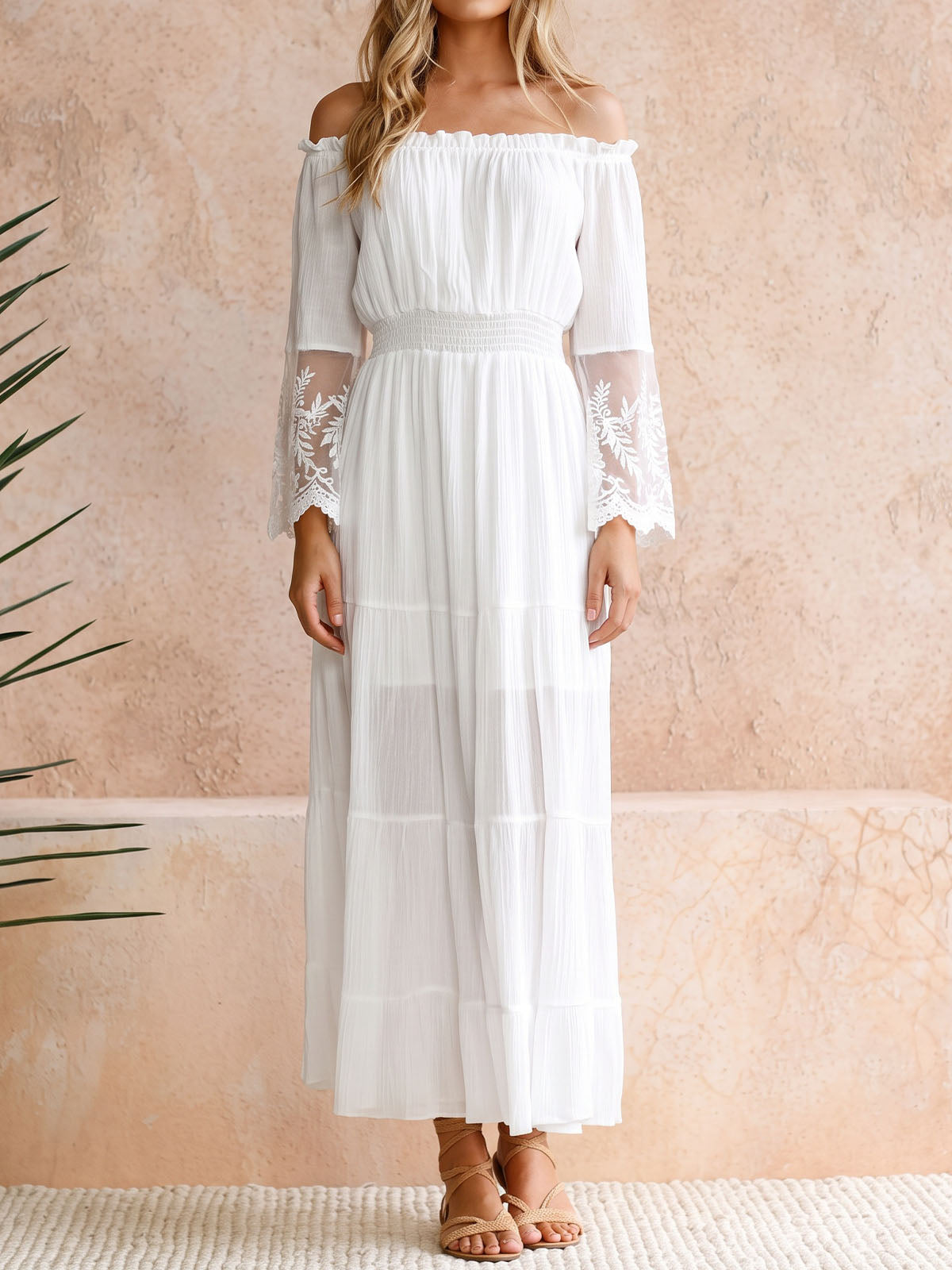 Breezy Off Shoulder Lace Trim Bell Sleeve Resort Tiered Maxi Dress