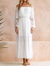 Breezy Off Shoulder Lace Trim Bell Sleeve Resort Tiered Maxi Dress