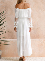 Breezy Off Shoulder Lace Trim Bell Sleeve Resort Tiered Maxi Dress