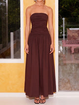 Breezy Ruched Strapless Drop Waist Resort Fit & Flare Maxi Dress