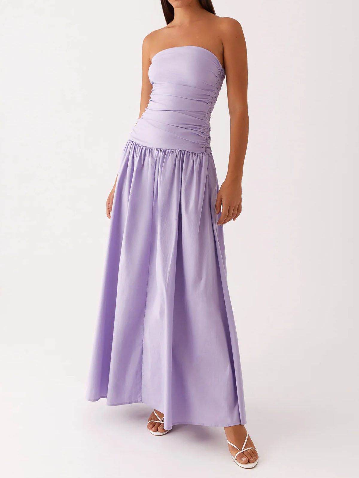 Breezy Ruched Strapless Drop Waist Resort Fit & Flare Maxi Dress