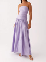 Breezy Ruched Strapless Drop Waist Resort Fit & Flare Maxi Dress