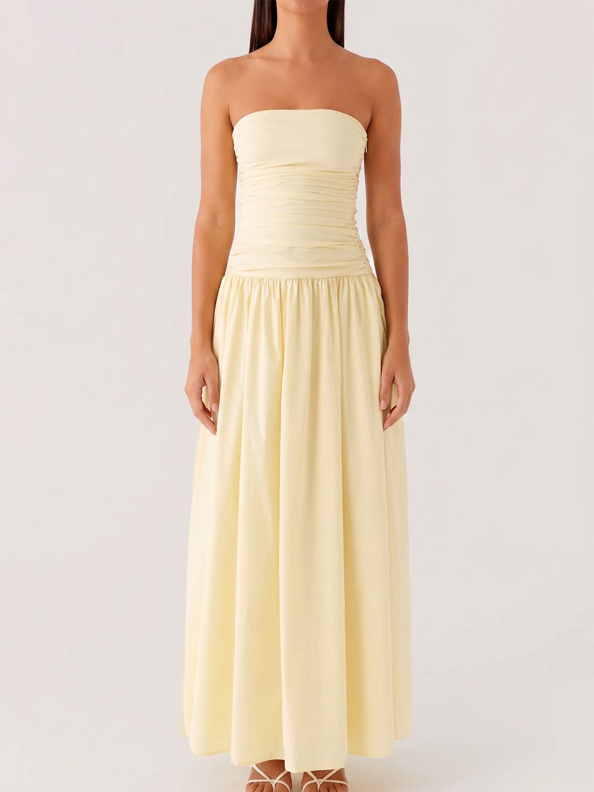 Breezy Ruched Strapless Drop Waist Resort Fit & Flare Maxi Dress