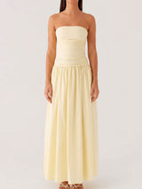 Breezy Ruched Strapless Drop Waist Resort Fit & Flare Maxi Dress