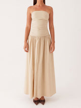 Breezy Ruched Strapless Drop Waist Resort Fit & Flare Maxi Dress
