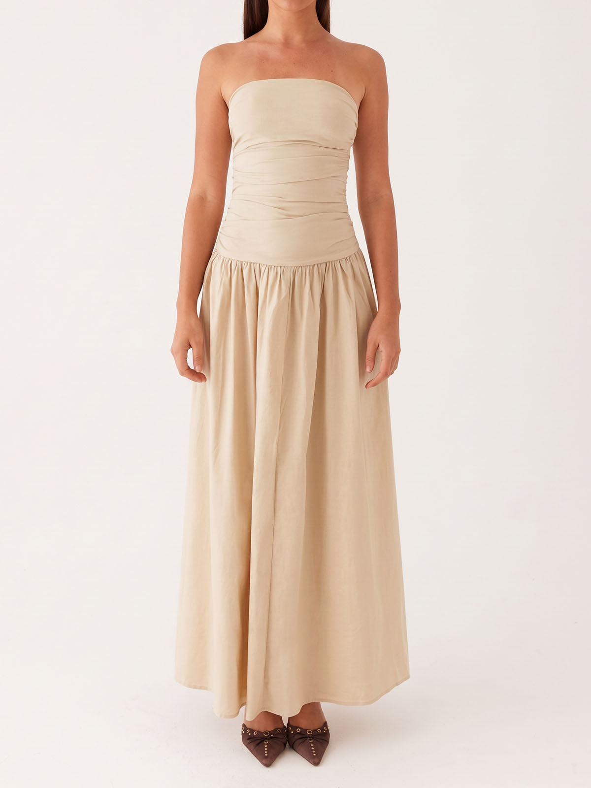 Breezy Ruched Strapless Drop Waist Resort Fit & Flare Maxi Dress