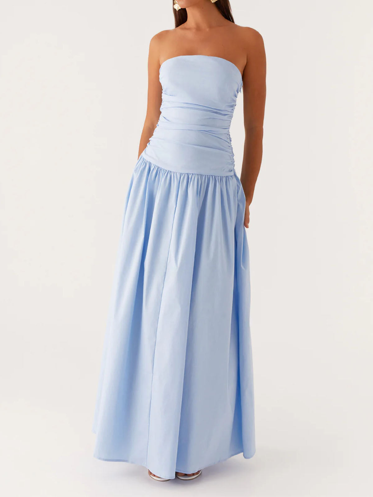 Breezy Ruched Strapless Drop Waist Resort Fit & Flare Maxi Dress