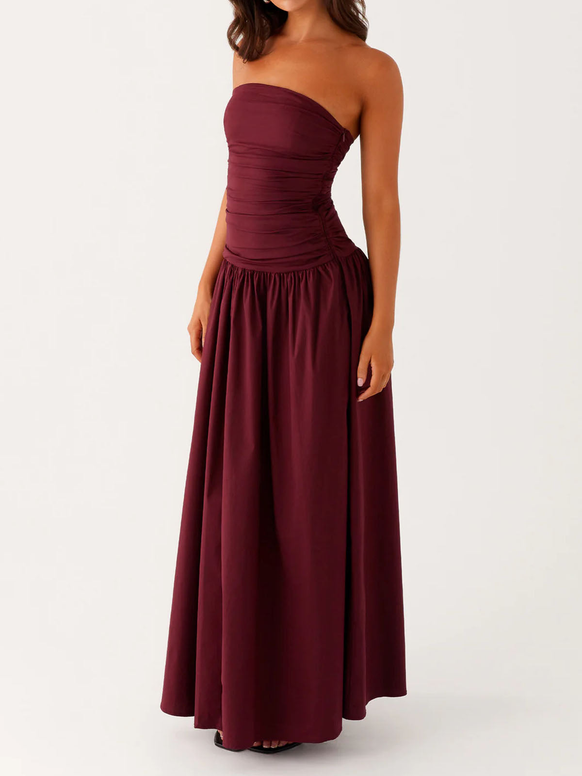 Breezy Ruched Strapless Drop Waist Resort Fit & Flare Maxi Dress