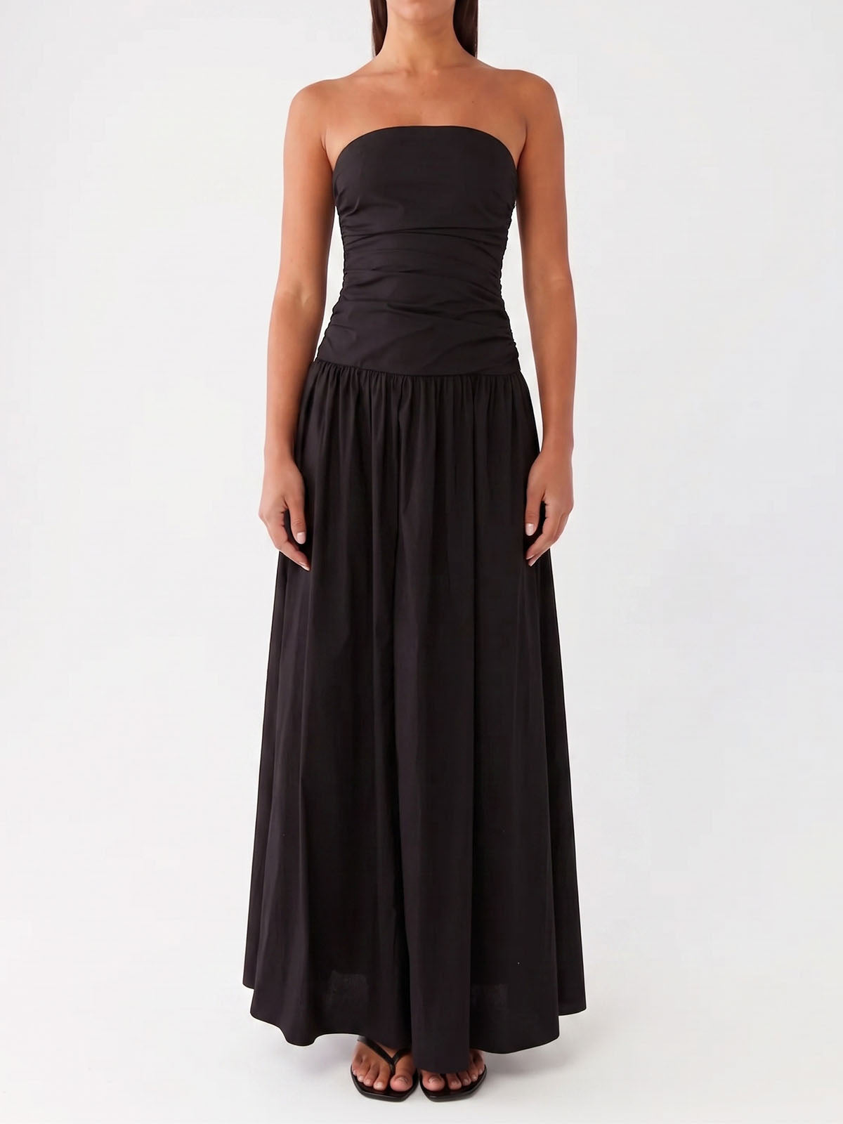 Breezy Ruched Strapless Drop Waist Resort Fit & Flare Maxi Dress