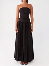 Breezy Ruched Strapless Drop Waist Resort Fit & Flare Maxi Dress