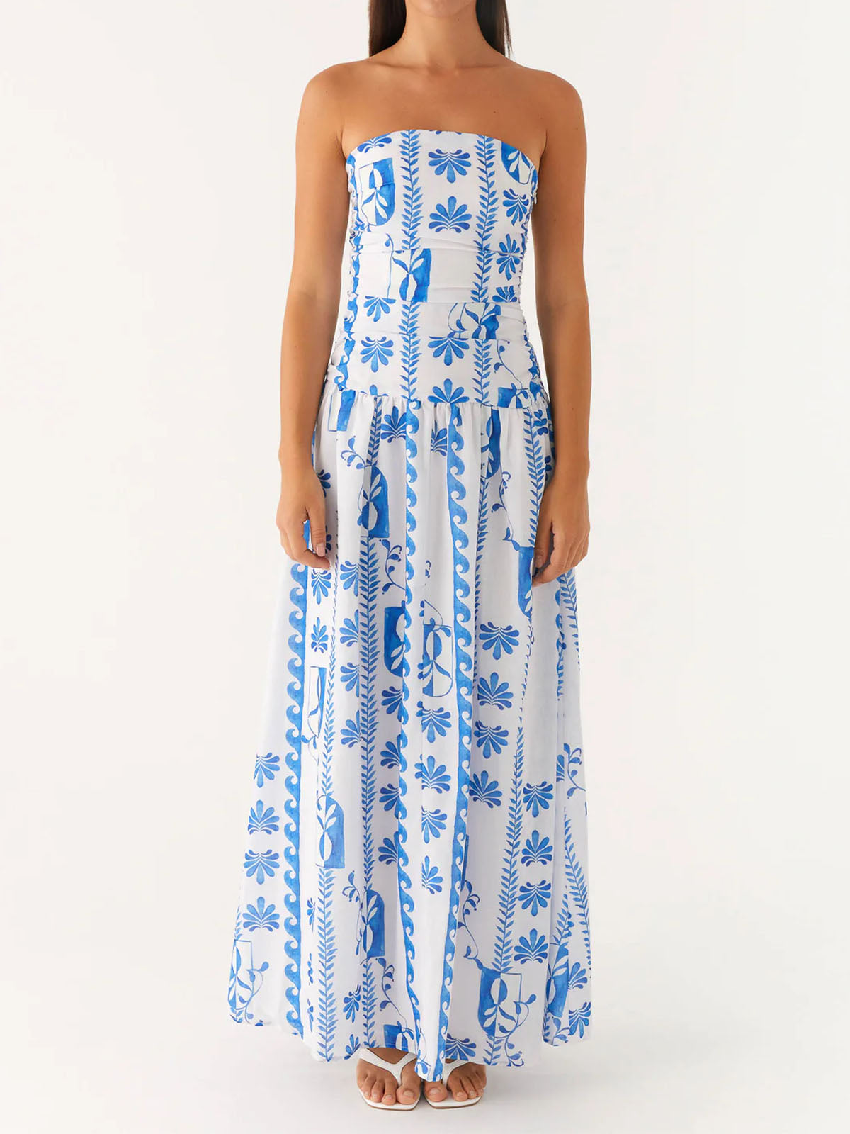 Breezy Ruched Strapless Drop Waist Resort Fit & Flare Maxi Dress