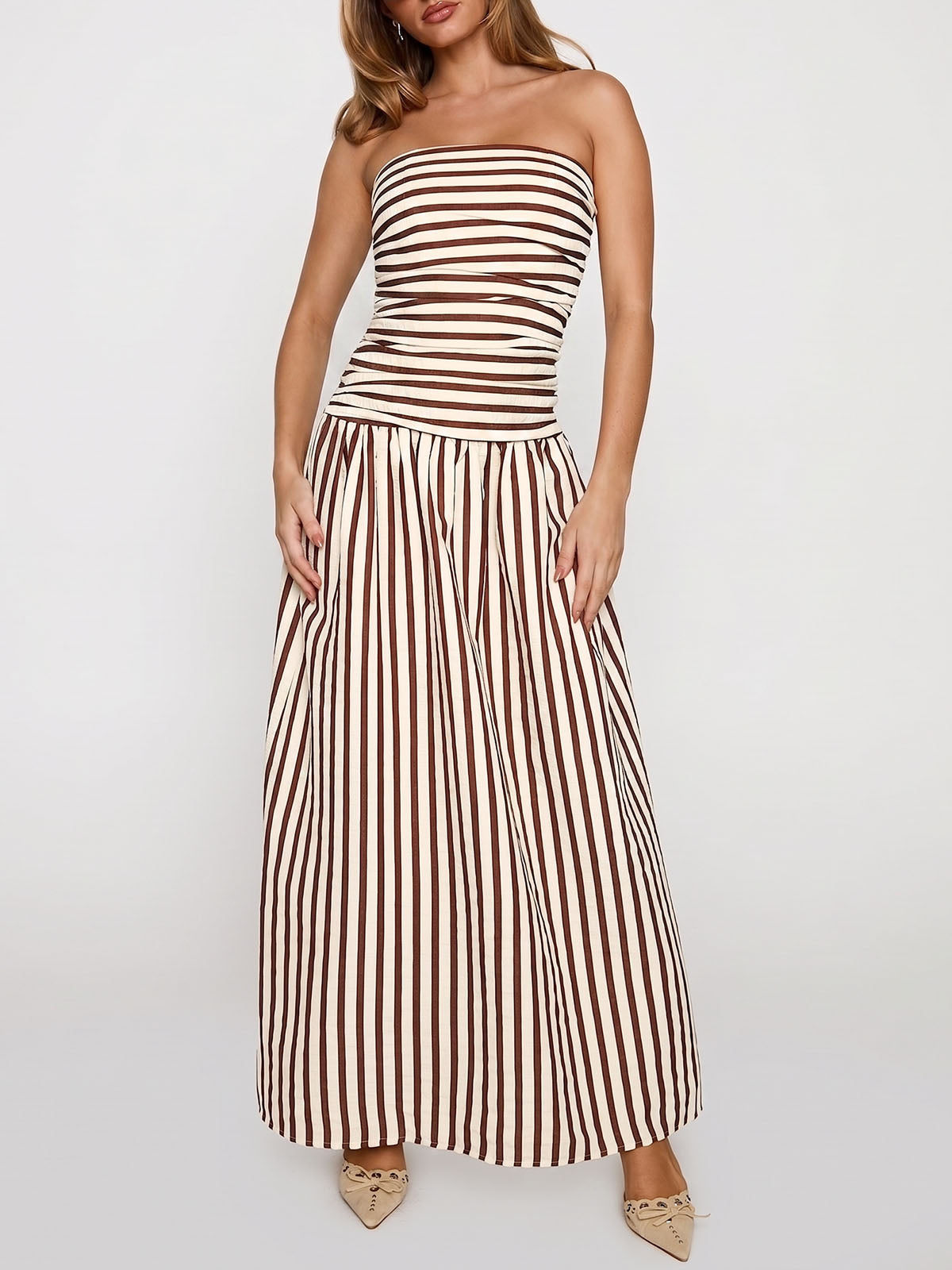Breezy Ruched Strapless Drop Waist Resort Fit & Flare Maxi Dress