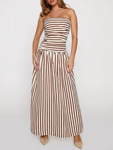 Breezy Ruched Strapless Drop Waist Resort Fit & Flare Maxi Dress