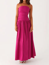 Breezy Ruched Strapless Drop Waist Resort Fit & Flare Maxi Dress