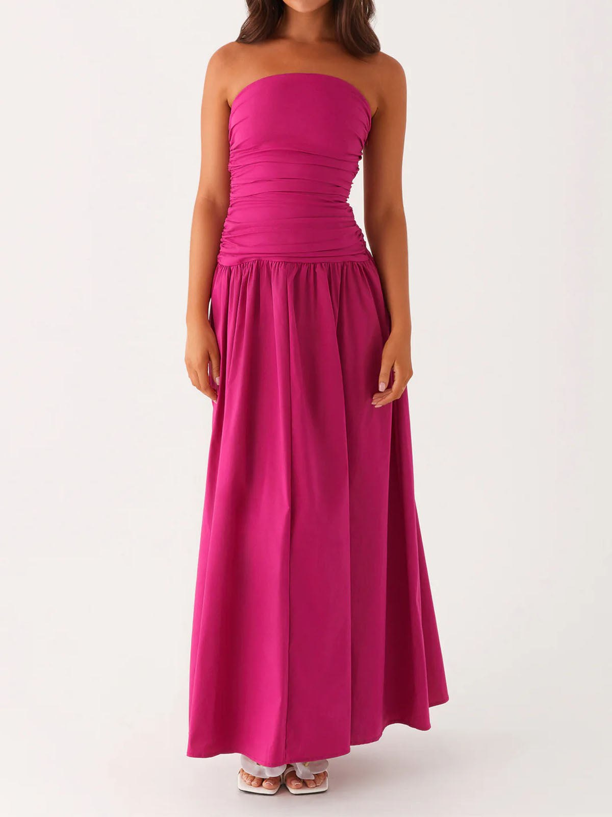 Breezy Ruched Strapless Drop Waist Resort Fit & Flare Maxi Dress