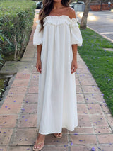 Breezy Ruffle Off Shoulder Oversized Resort Lined Cotton Midi Dress