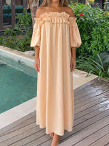 Breezy Ruffle Off Shoulder Oversized Resort Lined Cotton Midi Dress
