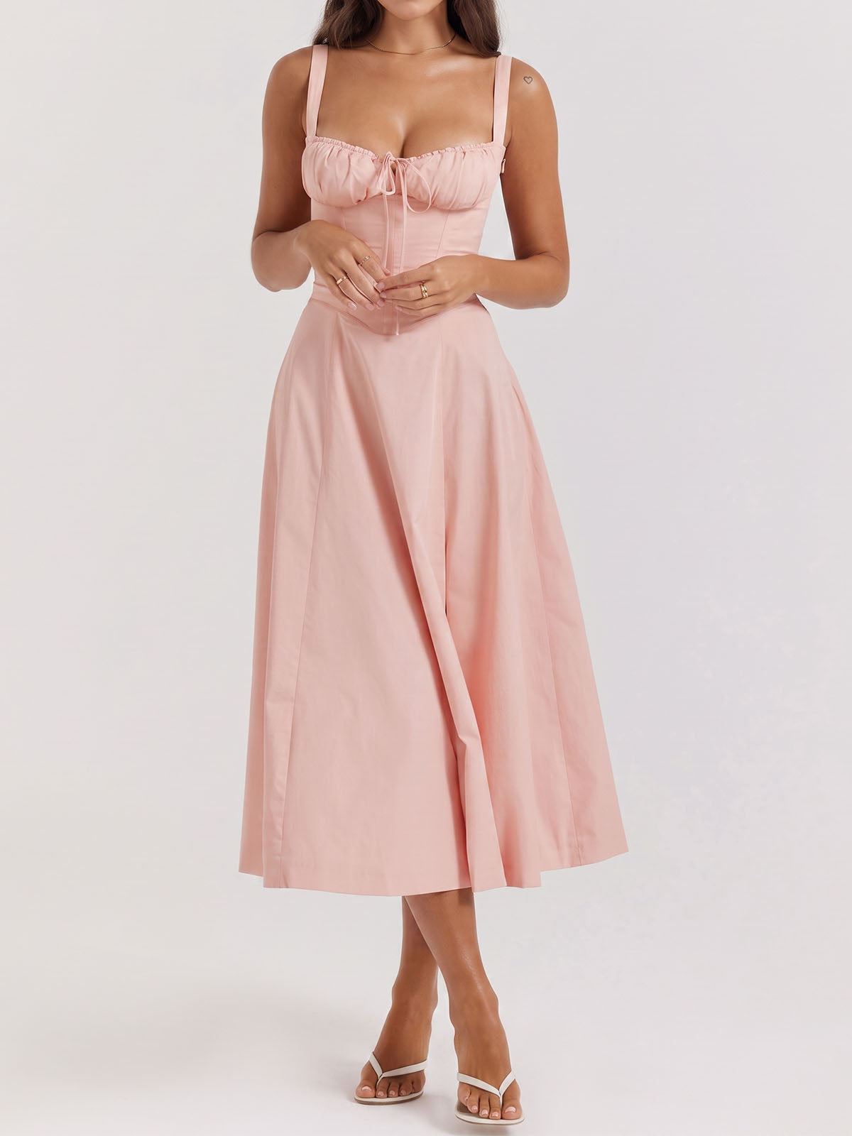 Breezy Tie Front Sweetheart Fit Flare Lace Up Resort Slit Midi Sundress