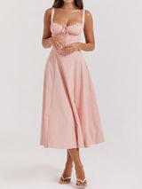 Breezy Tie Front Sweetheart Fit Flare Lace Up Resort Slit Midi Sundress