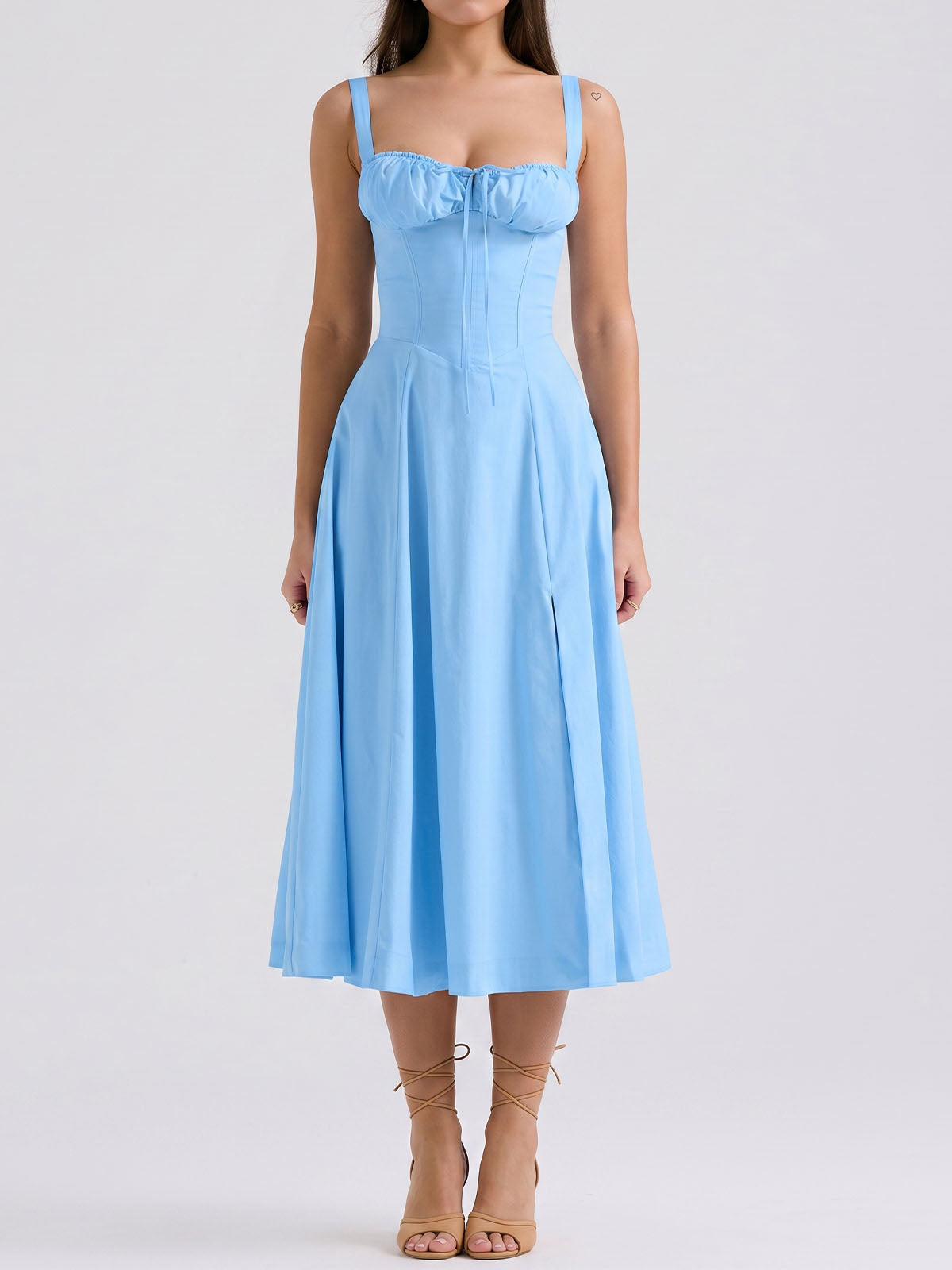 Breezy Tie Front Sweetheart Fit Flare Lace Up Resort Slit Midi Sundress