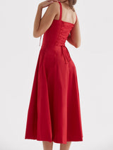 Breezy Tie Front Sweetheart Fit Flare Lace Up Resort Slit Midi Sundress