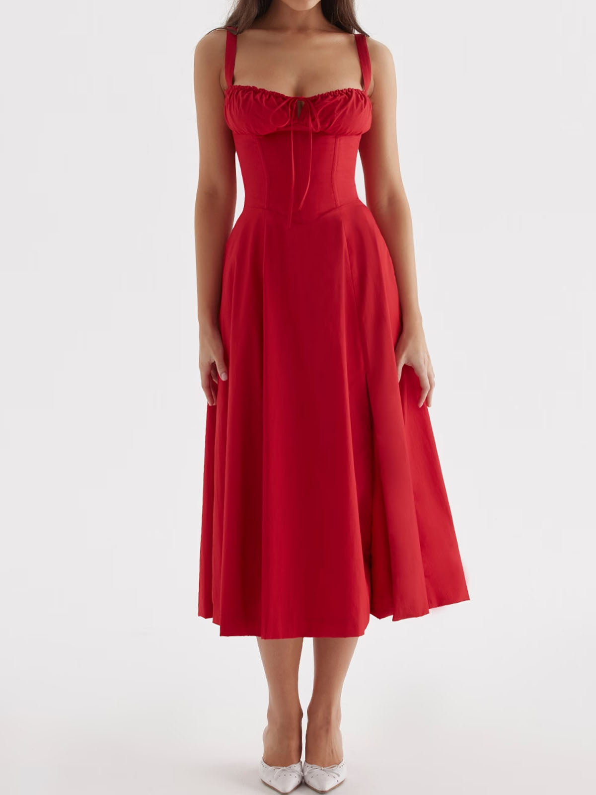 Breezy Tie Front Sweetheart Fit Flare Lace Up Resort Slit Midi Sundress