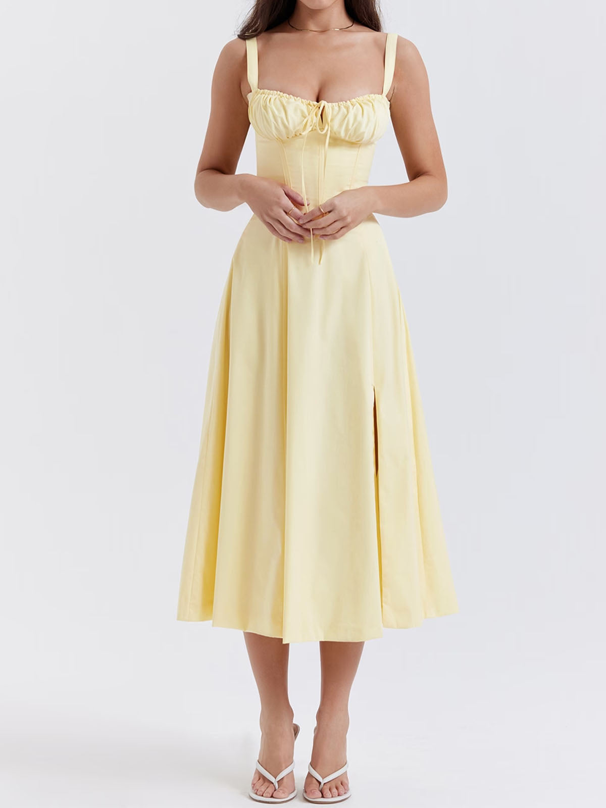 Breezy Tie Front Sweetheart Fit Flare Lace Up Resort Slit Midi Sundress