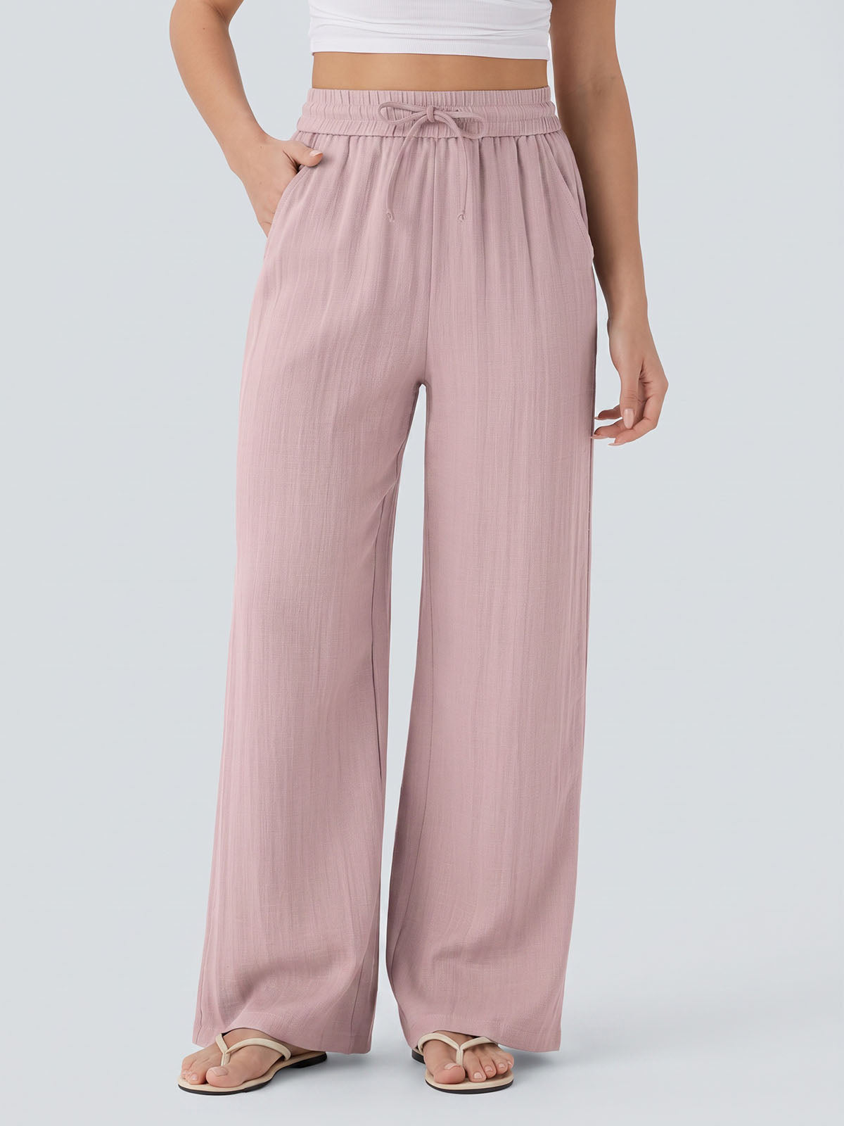 Casual Drawstring Tie High Waist Pocket Trim Resort Wide Leg Pants