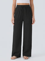 Casual Drawstring Tie High Waist Pocket Trim Resort Wide Leg Pants