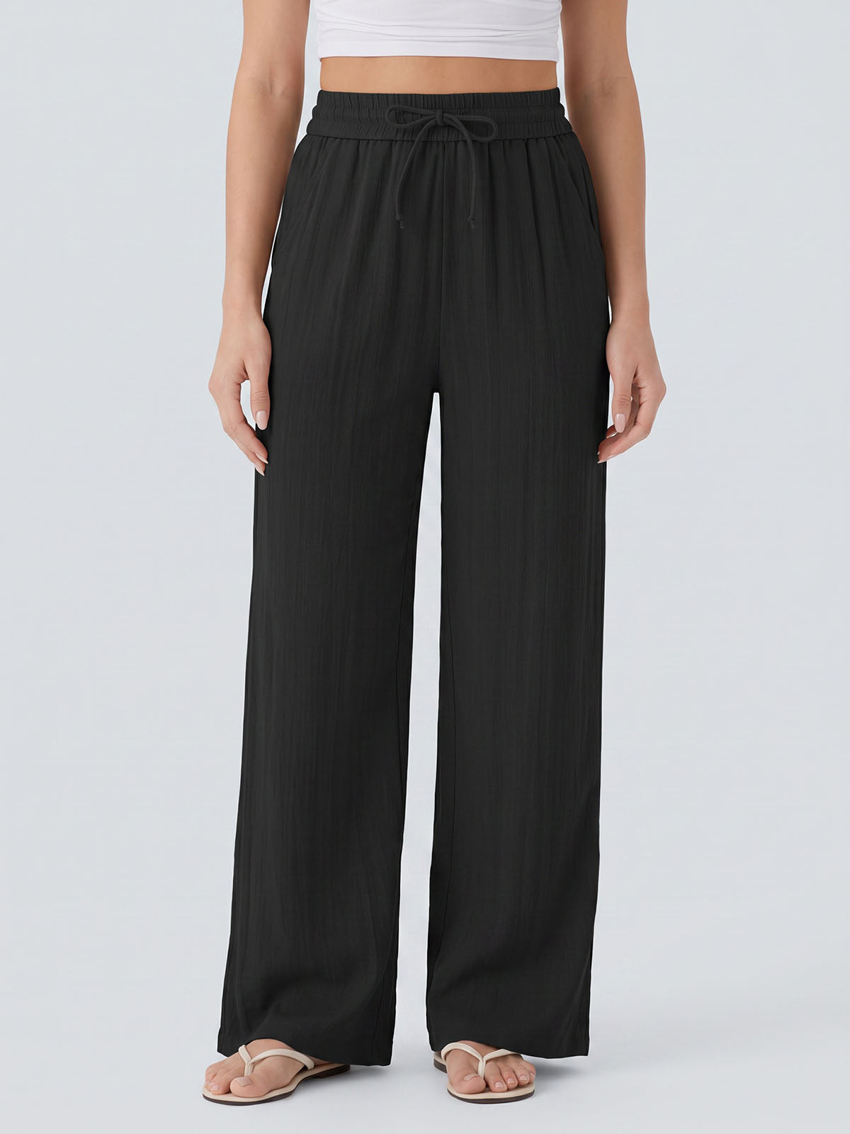 Casual Drawstring Tie High Waist Pocket Trim Resort Wide Leg Pants