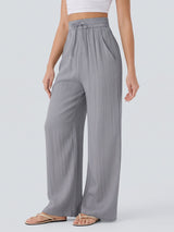 Casual Drawstring Tie High Waist Pocket Trim Resort Wide Leg Pants