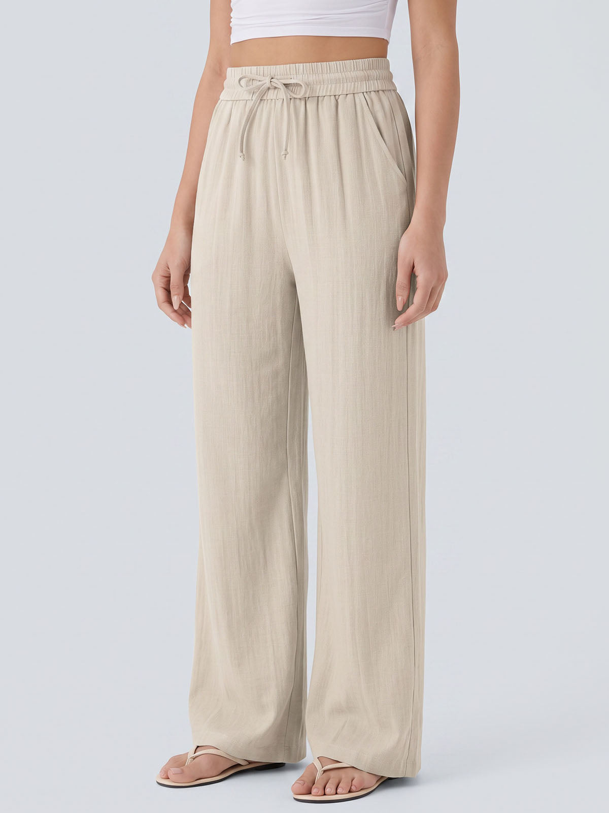 Casual Drawstring Tie High Waist Pocket Trim Resort Wide Leg Pants