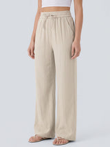 Casual Drawstring Tie High Waist Pocket Trim Resort Wide Leg Pants