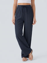 Casual Drawstring Tie High Waist Pocket Trim Resort Wide Leg Pants