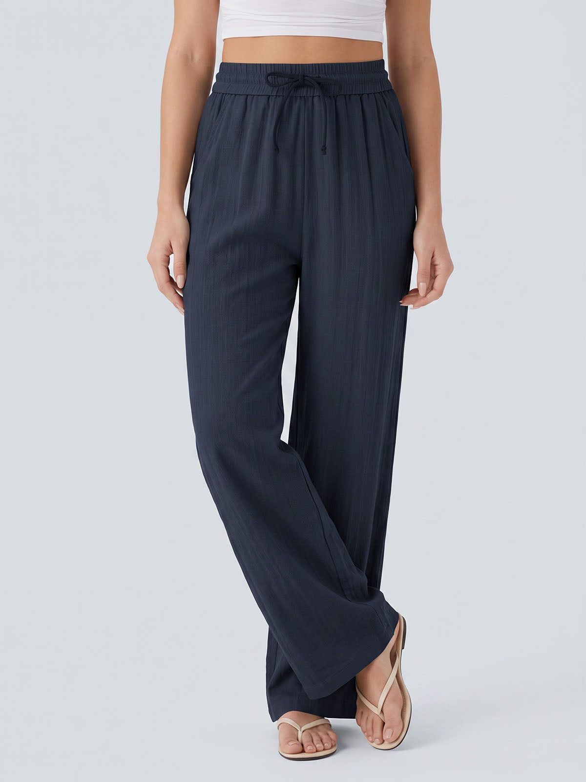 Casual Drawstring Tie High Waist Pocket Trim Resort Wide Leg Pants