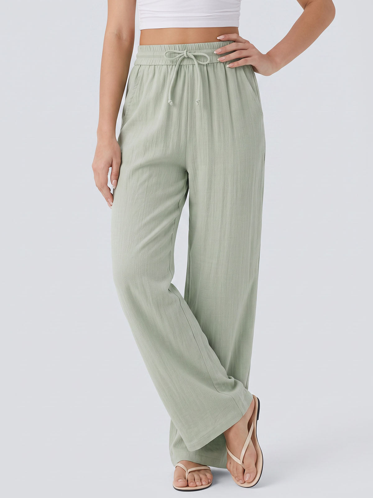 Casual Drawstring Tie High Waist Pocket Trim Resort Wide Leg Pants
