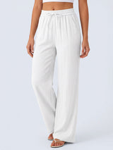 Casual Drawstring Tie High Waist Pocket Trim Resort Wide Leg Pants