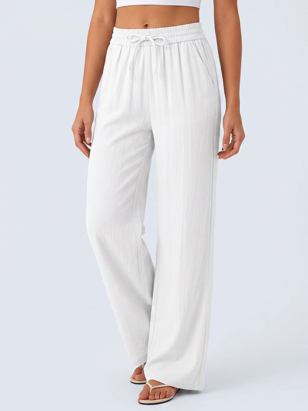 Casual Drawstring Tie High Waist Pocket Trim Resort Wide Leg Pants