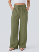 Casual Drawstring Tie High Waist Pocket Trim Resort Wide Leg Pants