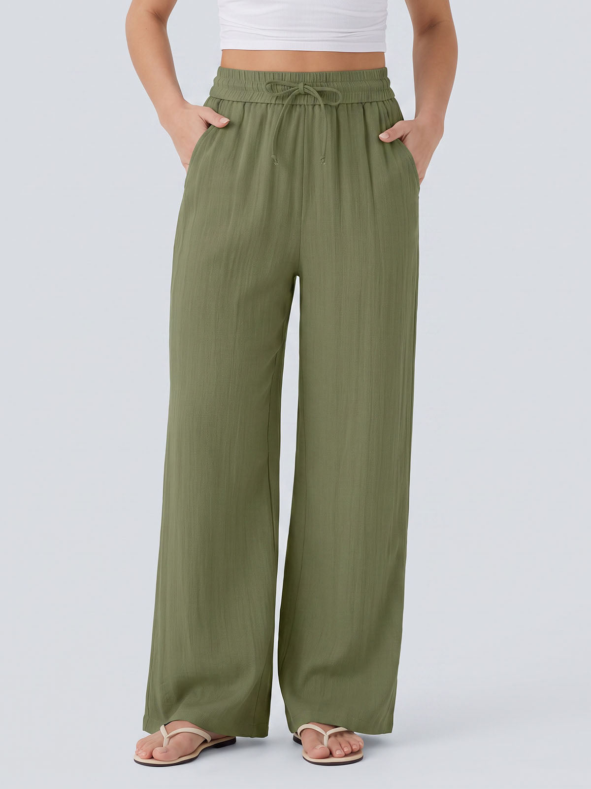 Casual Drawstring Tie High Waist Pocket Trim Resort Wide Leg Pants