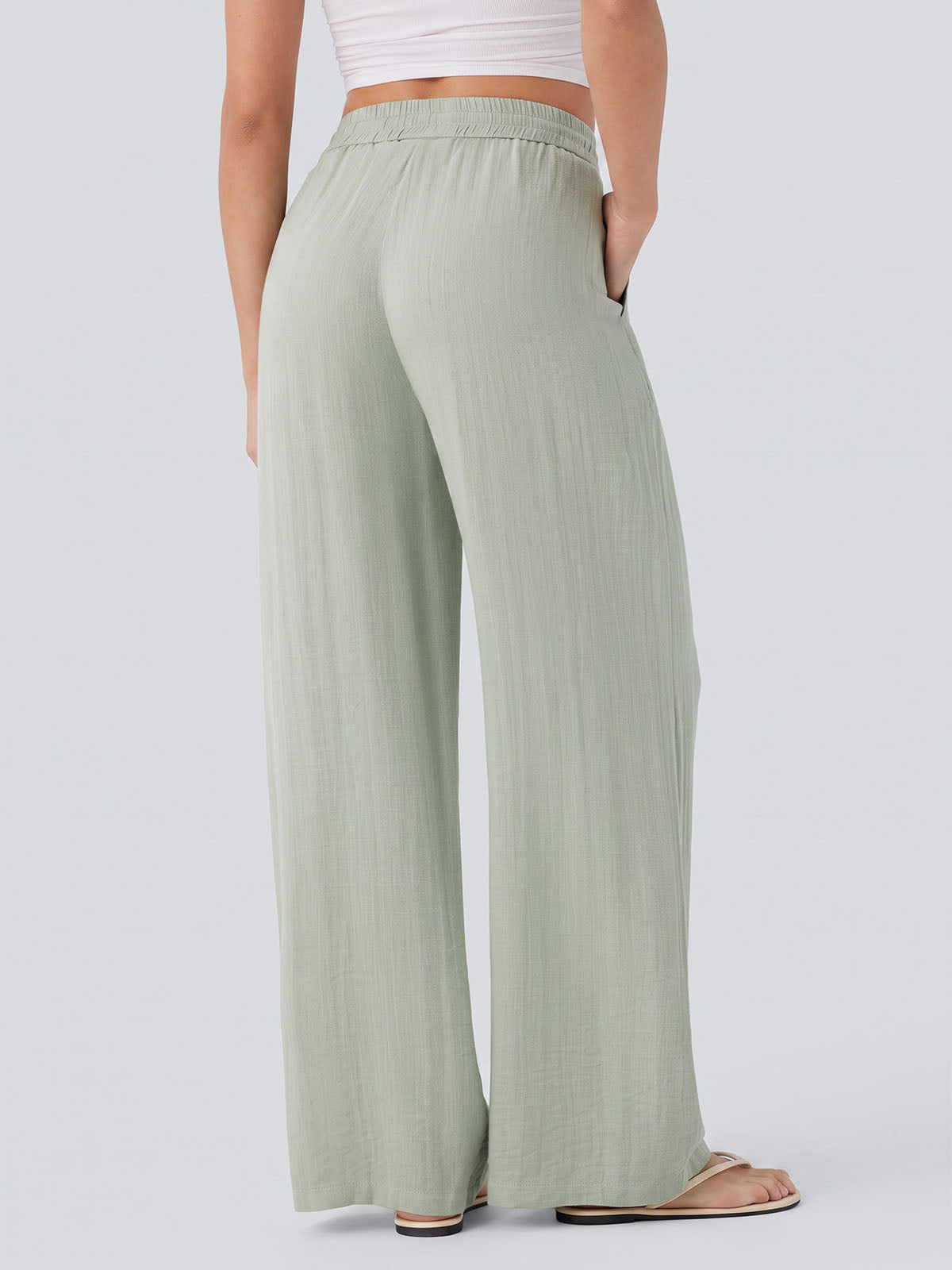 Casual Drawstring Tie High Waist Pocket Trim Resort Wide Leg Pants
